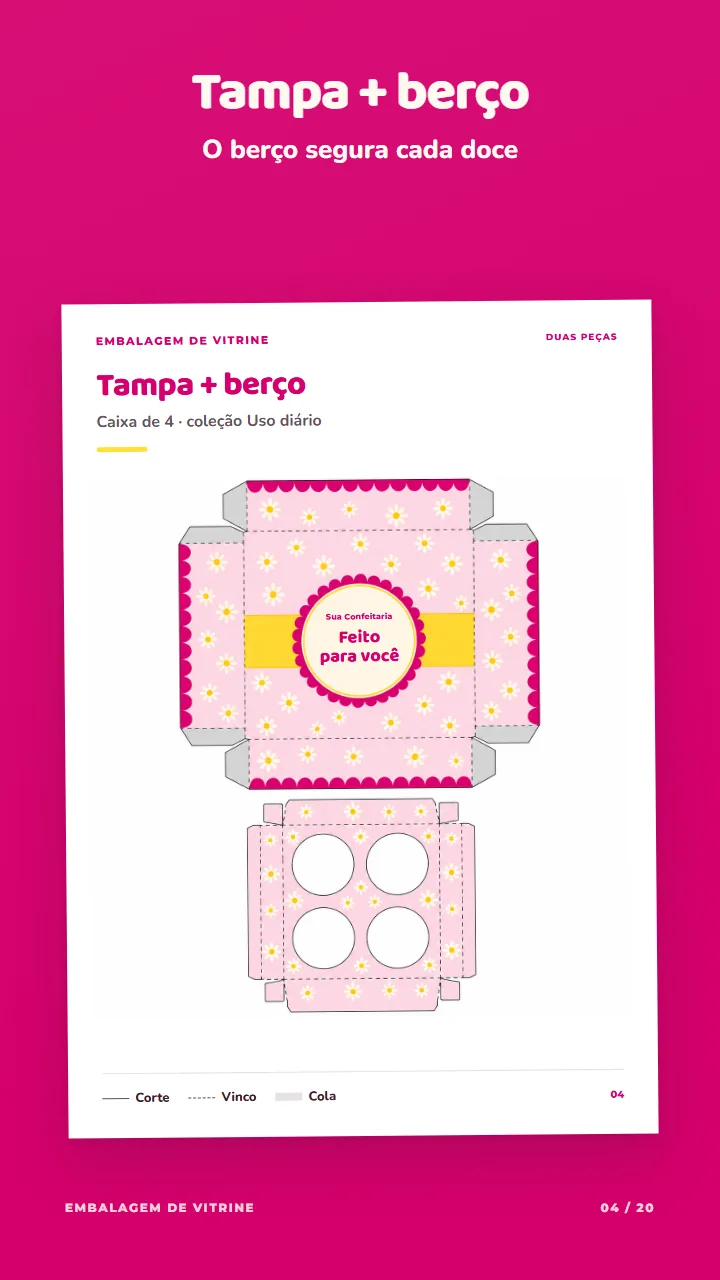 Página do PDF com a tampa com faixa amarela e selo e o berço com quatro furos