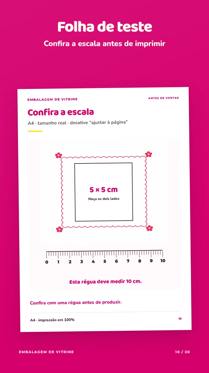 Folha de teste para conferir a escala antes de imprimir