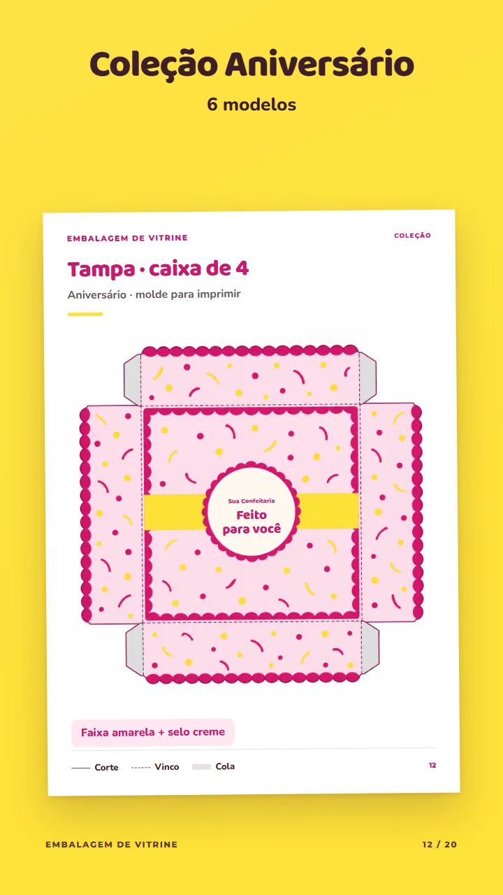 Página do PDF com o molde da tampa na coleção Aniversário