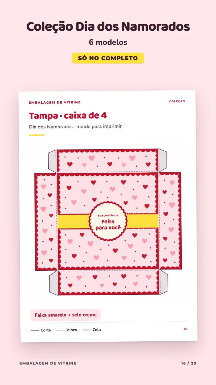 Página do PDF com o molde da tampa na coleção Dia dos Namorados