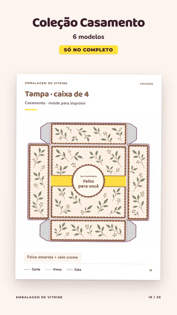 Página do PDF com o molde da tampa na coleção Casamento